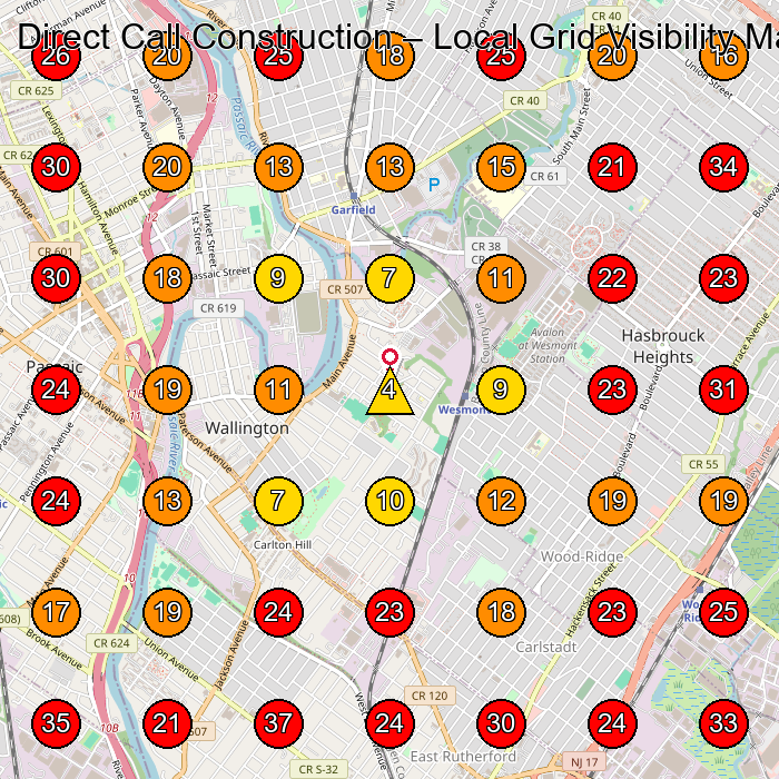 Direct Call Construction GeoGrid visibility map for Roofing Contractor in East Rutherford